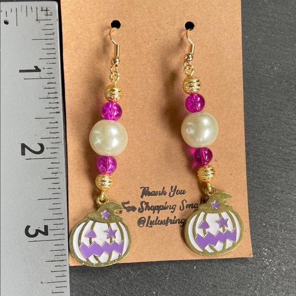 Gold Pink And Purple Pumpkin Dangle Earrings - Picture 7 of 8